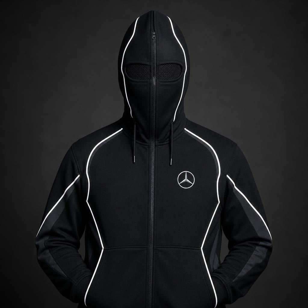Hoodie fully zipped over the face