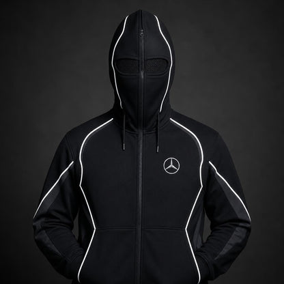 Hoodie fully zipped over the face